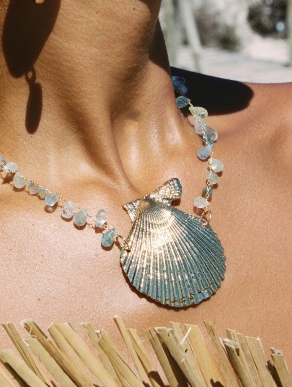 Sophia C Aquamarine Drop Crystals & 24k Goldplated Real Seashell Necklace New
